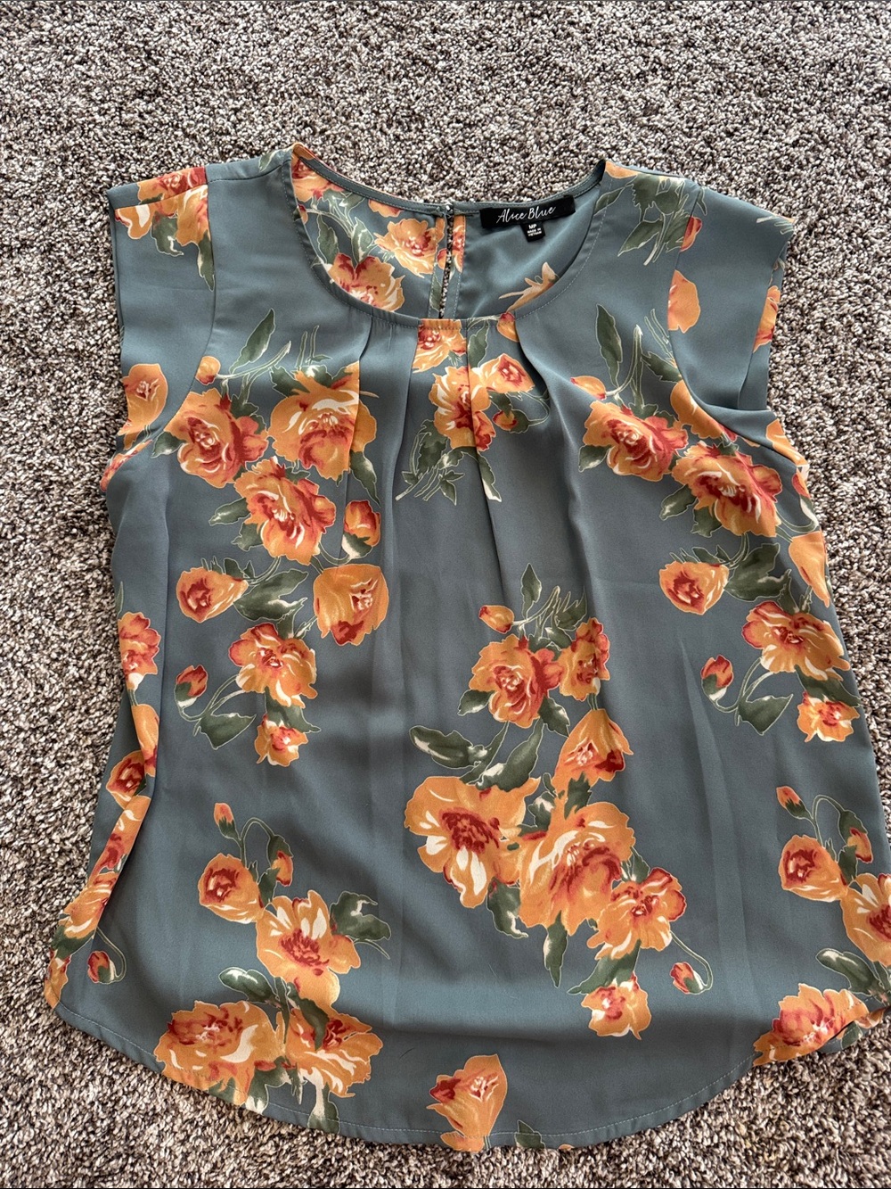 Alice Blue Teal Green Floral Sleeveless Pleated Neck Blouse